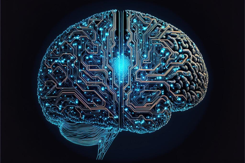 Adaptive artificial intelligence brain with glowing neural pathways